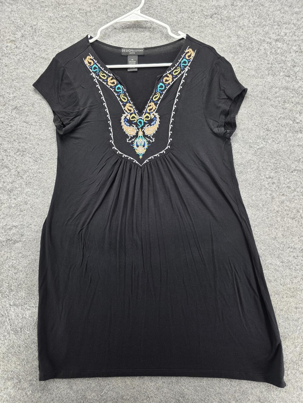 Design History Tunic Dress Womens Petite Large Black Embroidered V Neck Boho